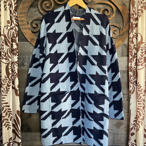 Cardigan Sweater Long Blue North Style Warm Soft Cozy Aztec Duster - Picture 2 of 15